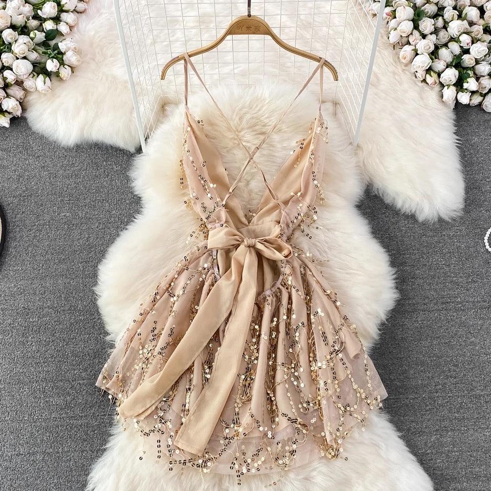 Jarold Mesh Detail Party Dress in Beige - Image 3