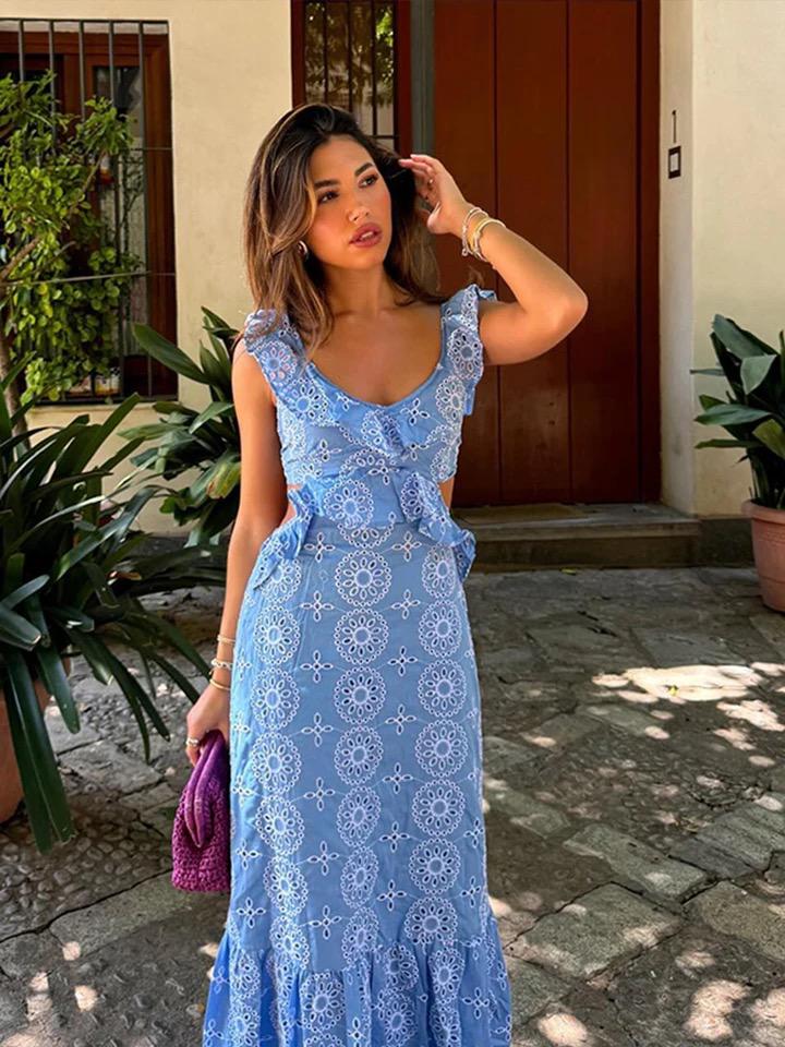 Kamiya Eyelet Cotton Summer Dress In Blue - Image 8