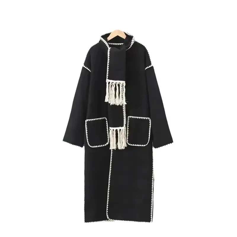 Laura Long Oversized Woolen Jacket with Scarf - Image 2
