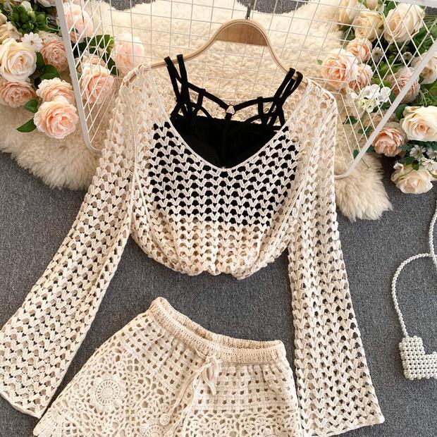 Lebanon Crochet 3 Pc Set - Resortwear In Beige - Image 4