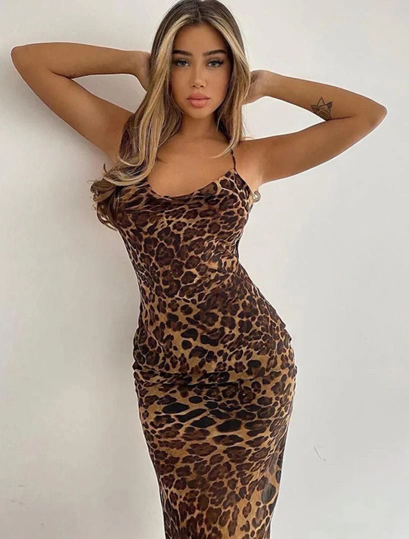 Leopard Print Bodycon Midi Dress In Brown - Image 4