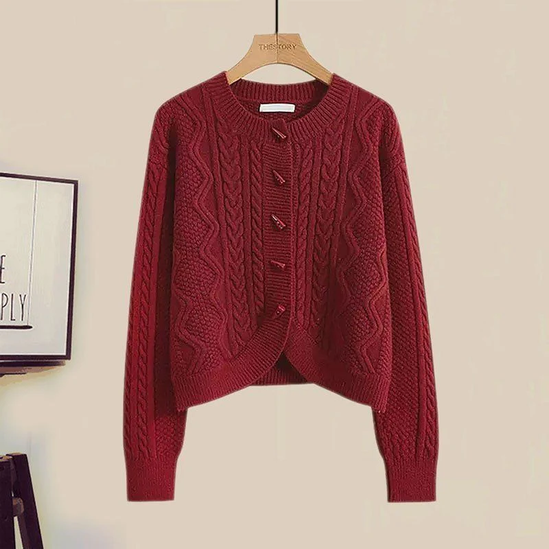 Leto Set of Sweater & Skirt With Belt In Red - Image 2