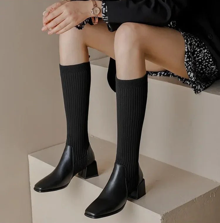 Lia Knee High Trendy Sock Leather Boots - Image 2