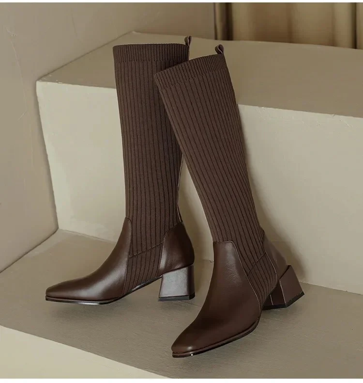Lia Knee High Trendy Sock Leather Boots - Image 7