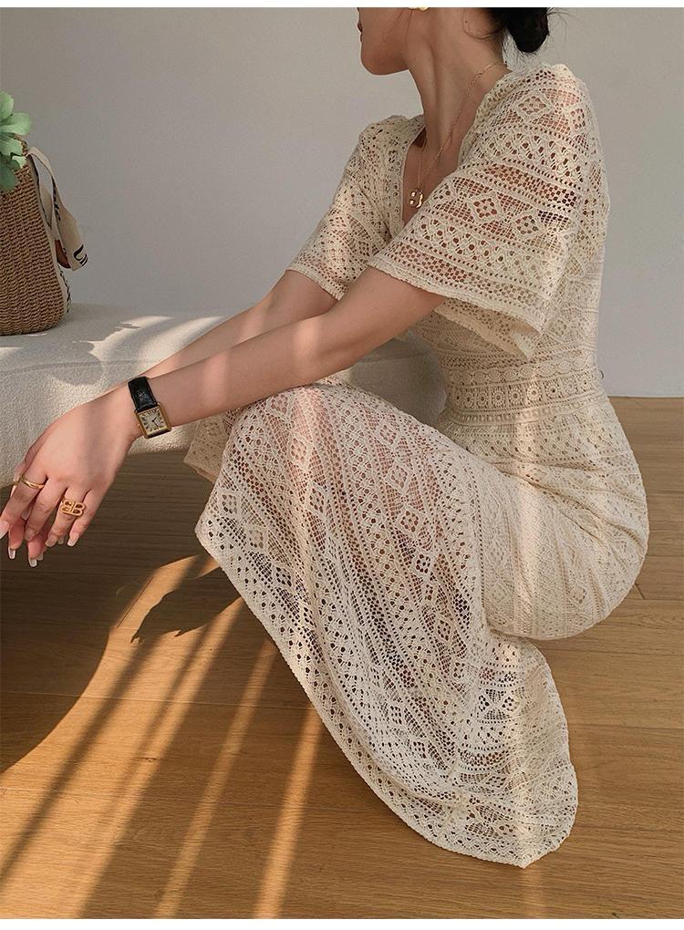 Liliana Crochet Midi Dress In Beige - Image 5