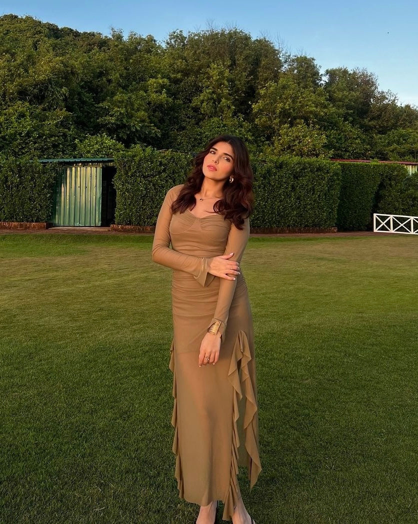 Lolita Ruffled Bodycon Maxi Dress In Brown - Image 2