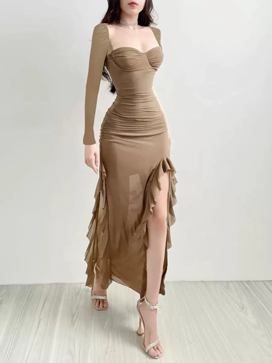 Lolita Ruffled Bodycon Maxi Dress In Brown - Image 5