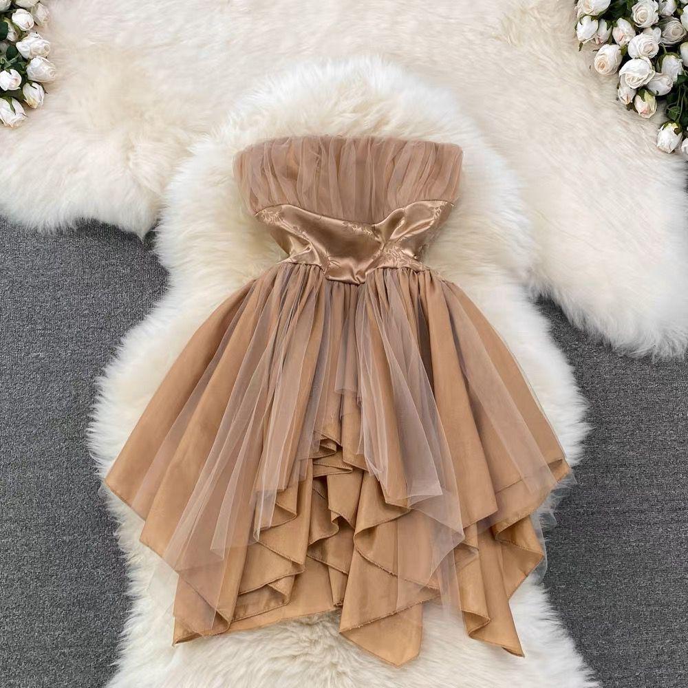 Louisa Mesh Detail Dress In Brown