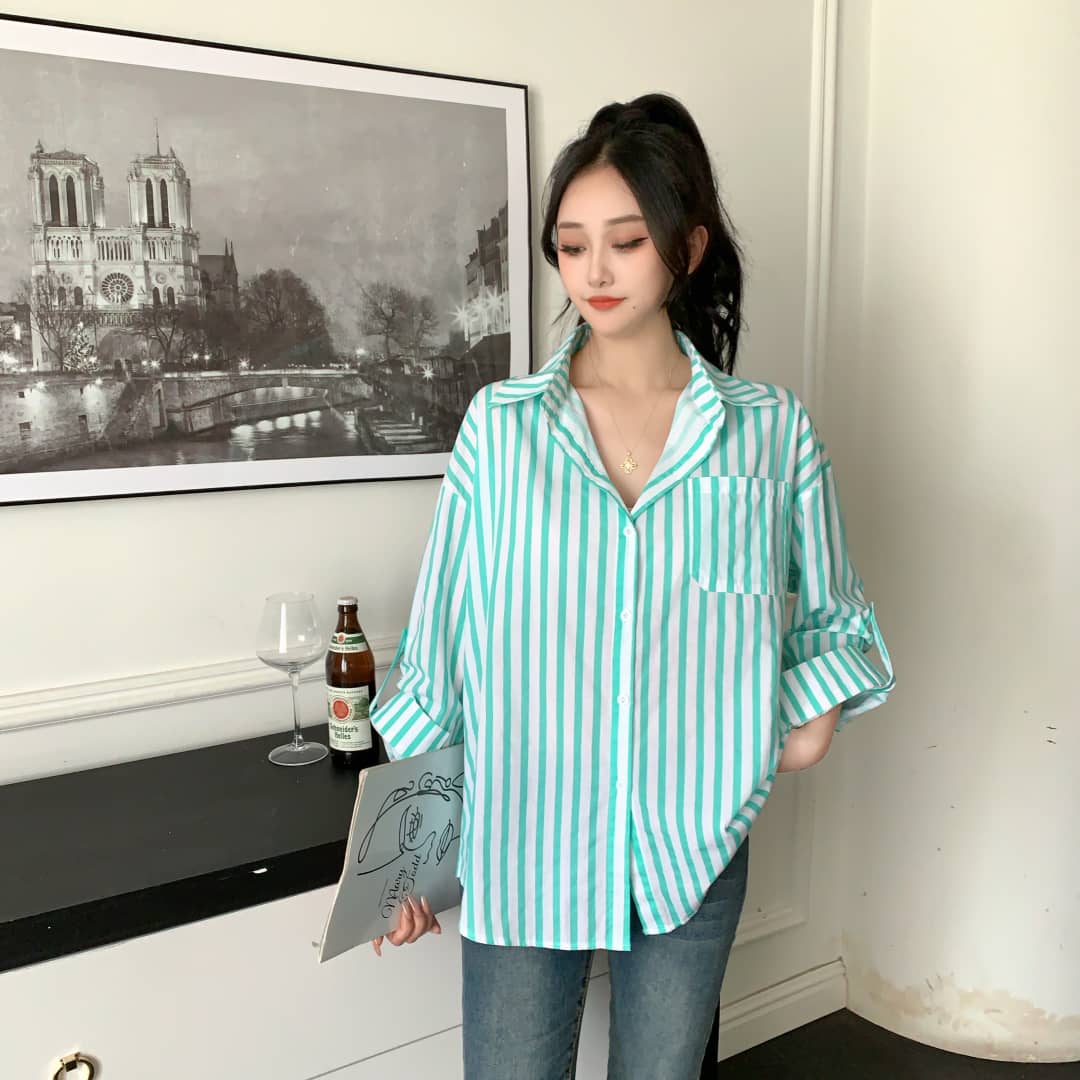 Louise Striped Summer Oversized Shirt In Green - Image 2