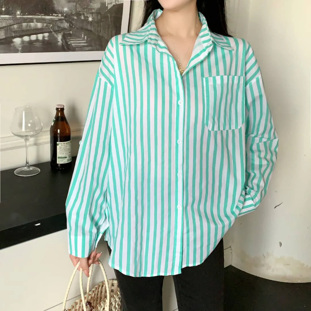 Louise Striped Summer Oversized Shirt In Green - Image 7