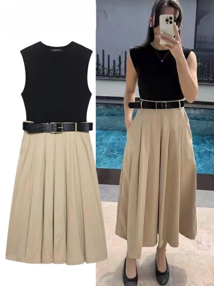 Lucy Luxe Elegant Pleated Dress With Belt In Black - Image 2