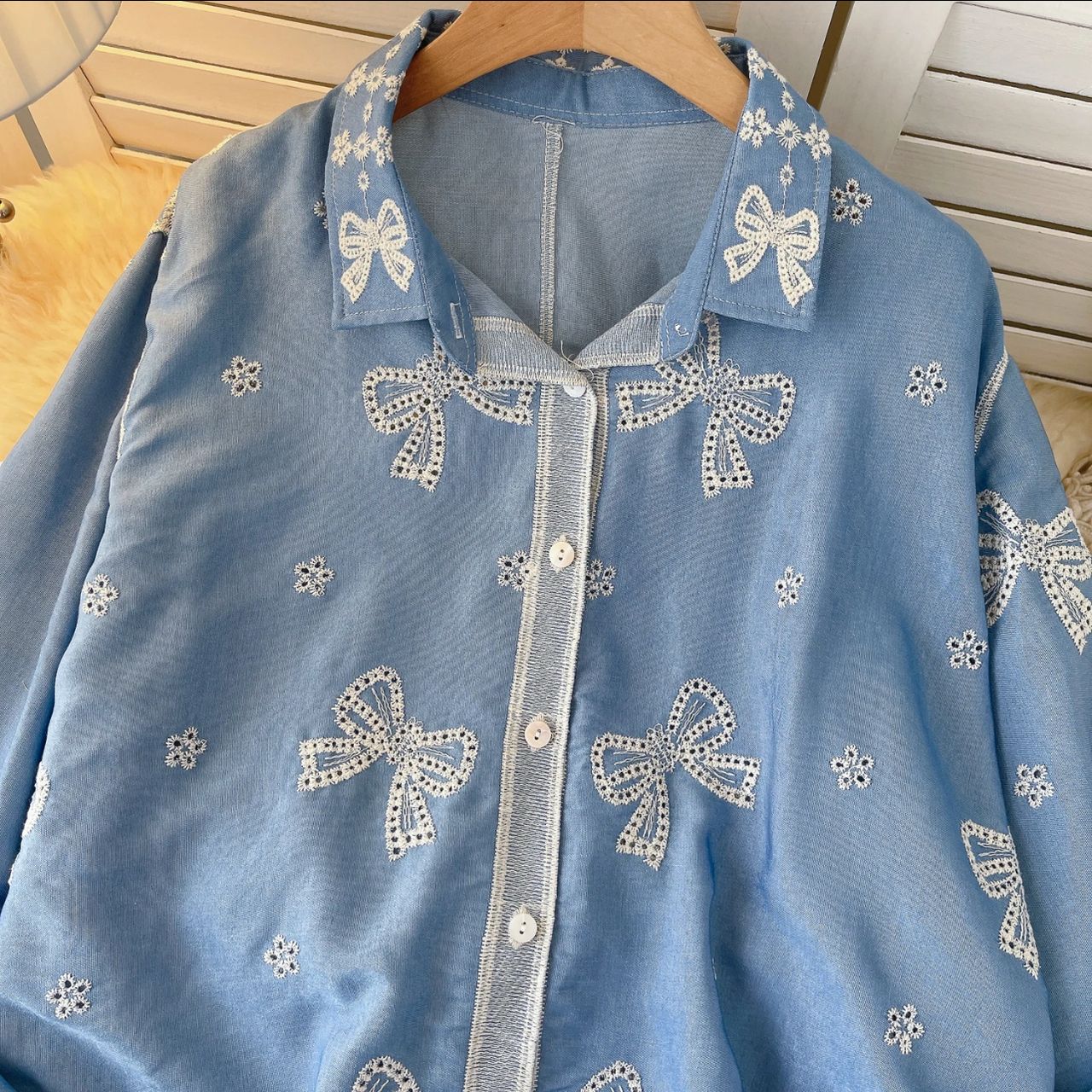 Lumi Premium Embroidered Cotton Shirt In Blue - Image 4
