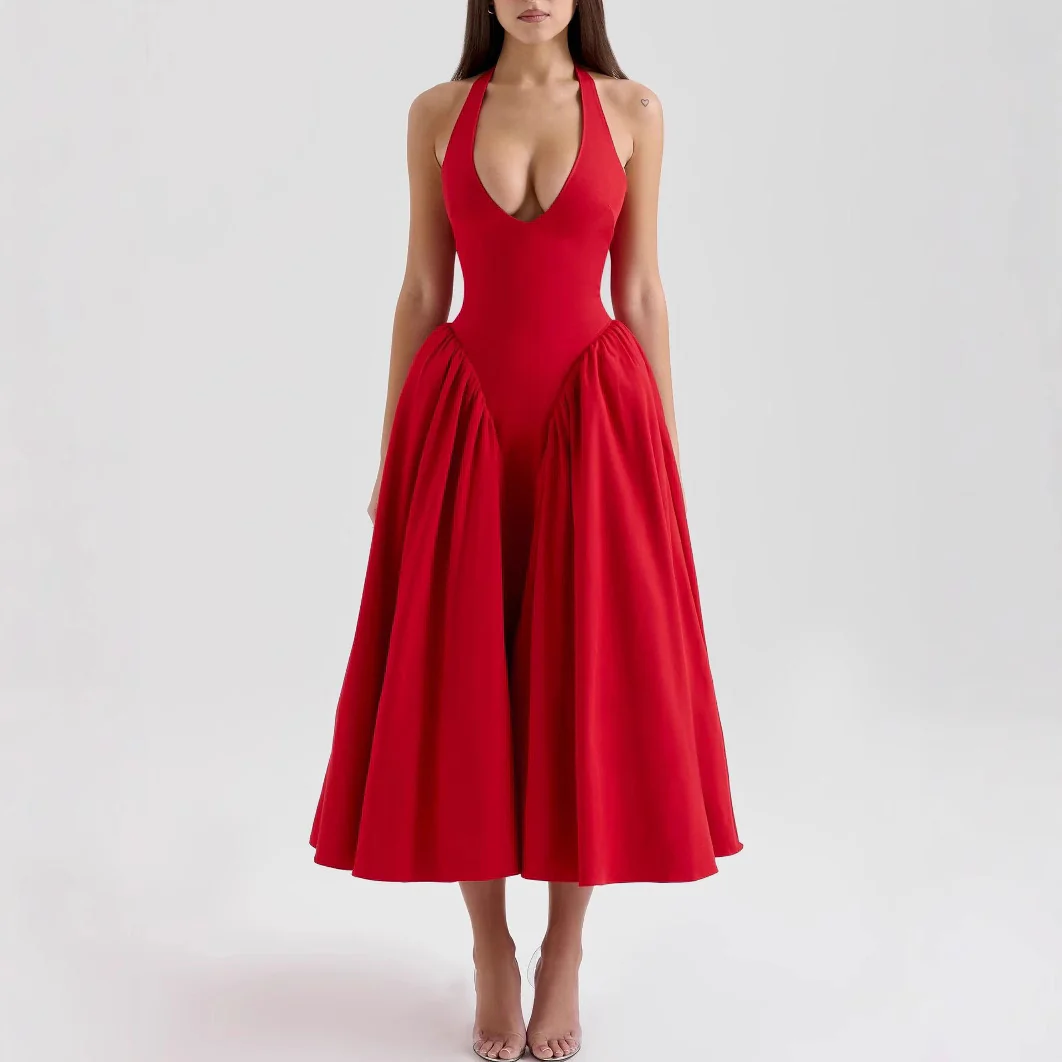 Maira Drop Waist Midi Dress in Red - Image 3