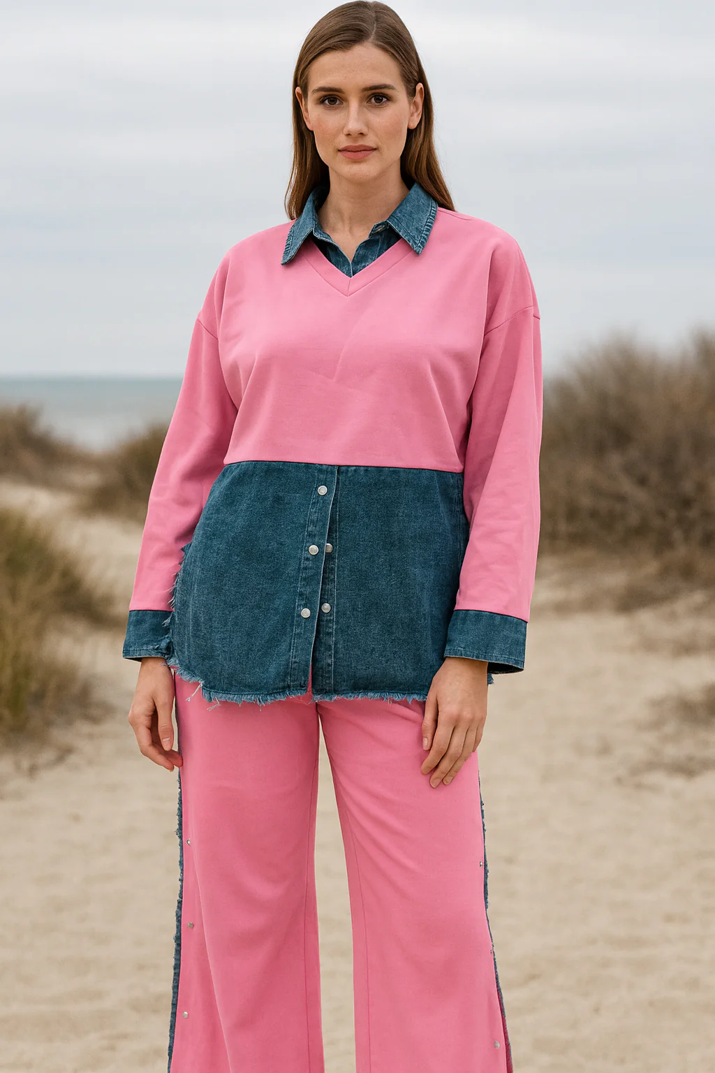 Malia Knitted Soft Denim Co-ord Set In Pink - Image 4