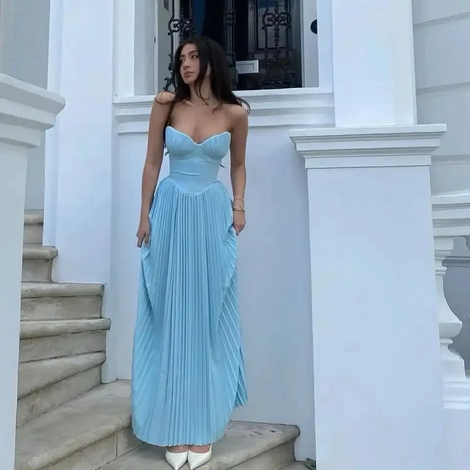 Mary Offshoulder Pleated Maxi Dress In Blue - Image 2