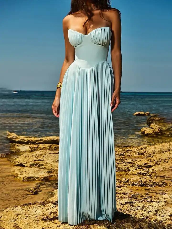 Mary Offshoulder Pleated Maxi Dress In Blue - Image 3