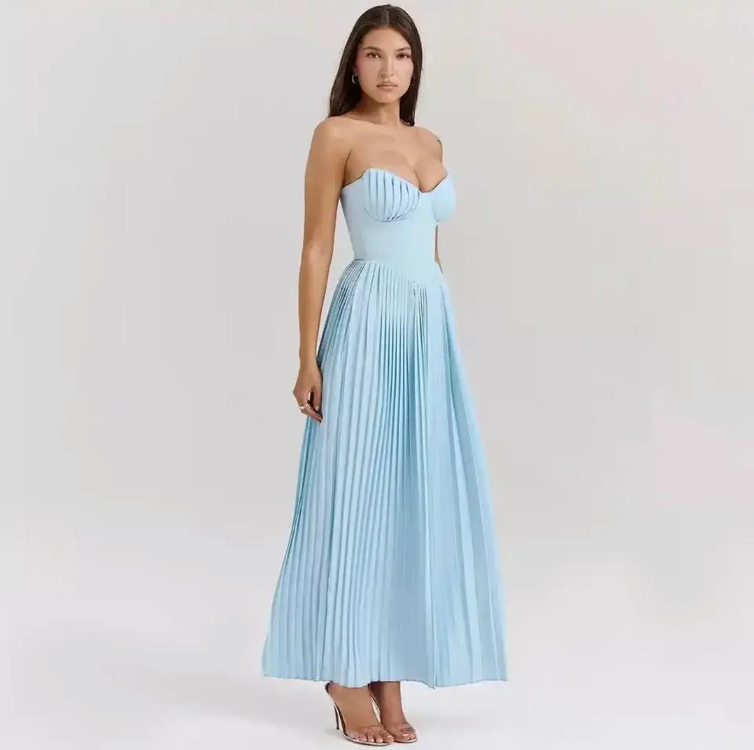 Mary Offshoulder Pleated Maxi Dress In Blue - Image 4