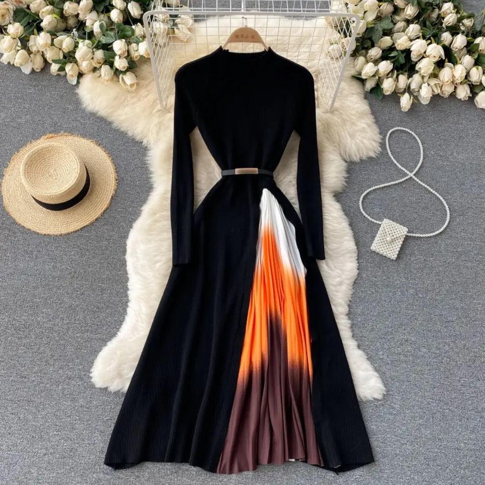 Tiana Pleated Woolen Dress In Black