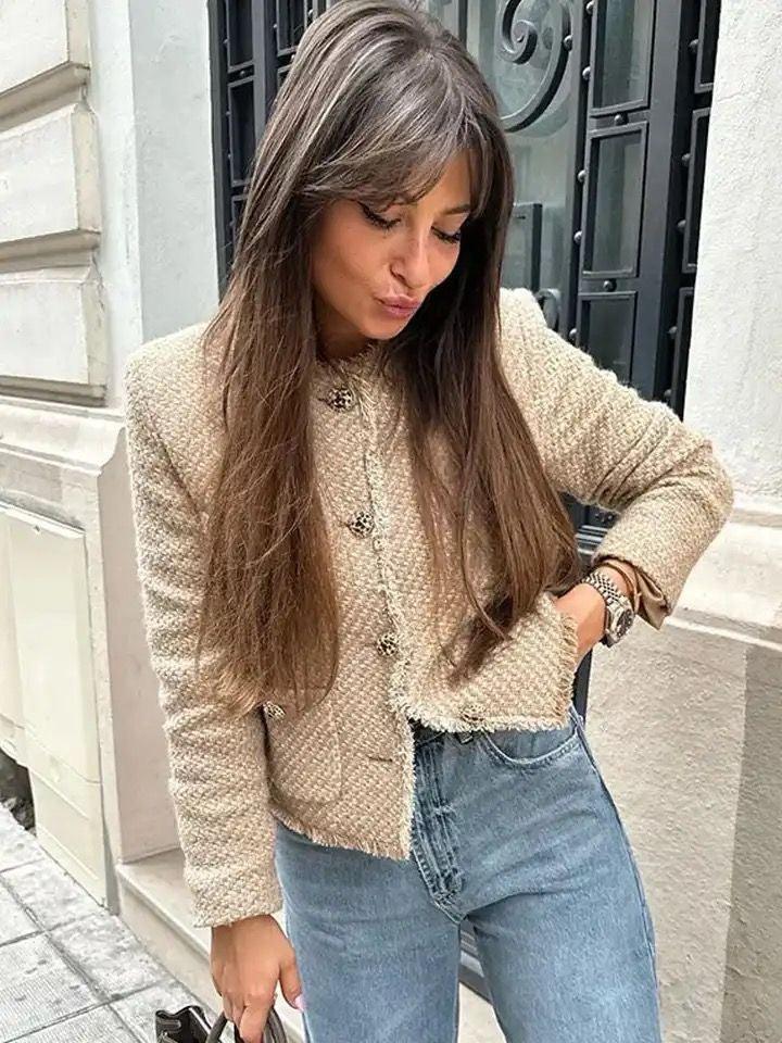 Meryl Tweed Cropped Blazer In Brown - Image 2
