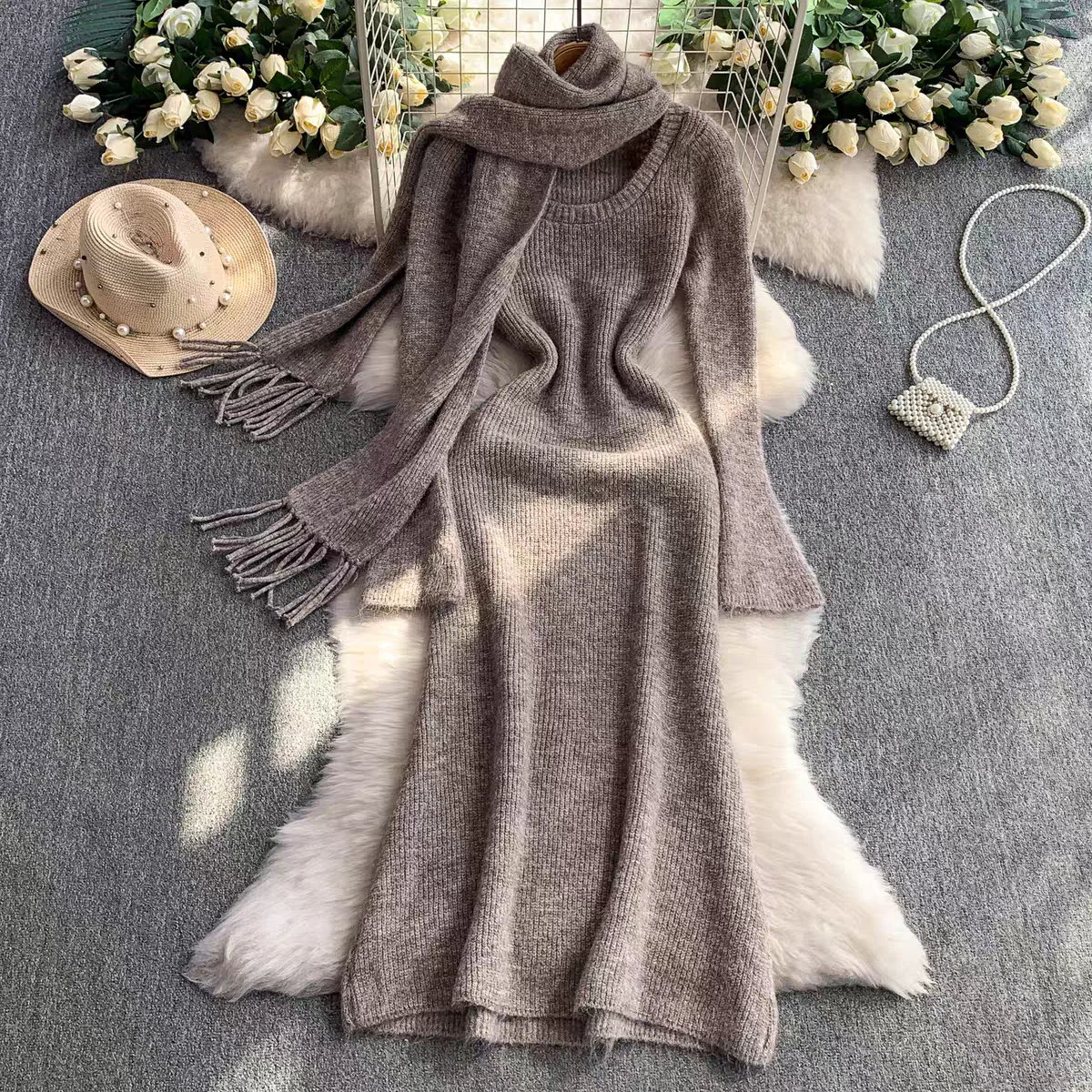 Micola Woolen Dress With Scarf In Beige - Image 3
