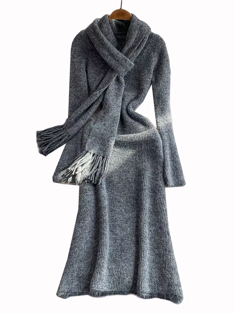 Micola Woolen Dress With Scarf In Grey - Image 3