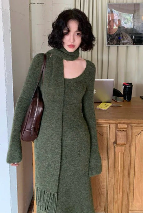 Micola Woolen Dress With Scarf In Olive - Image 10