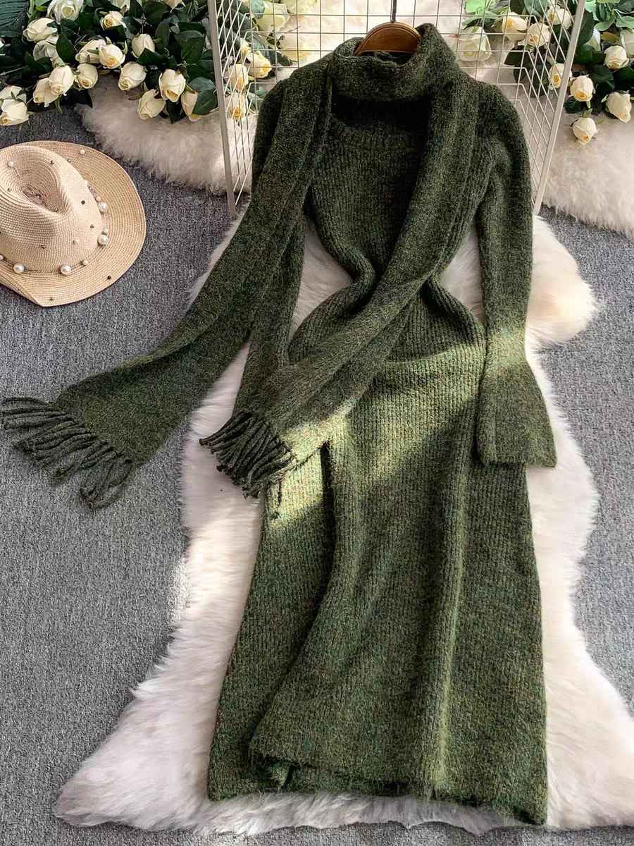 Micola Woolen Dress With Scarf In Olive - Image 12