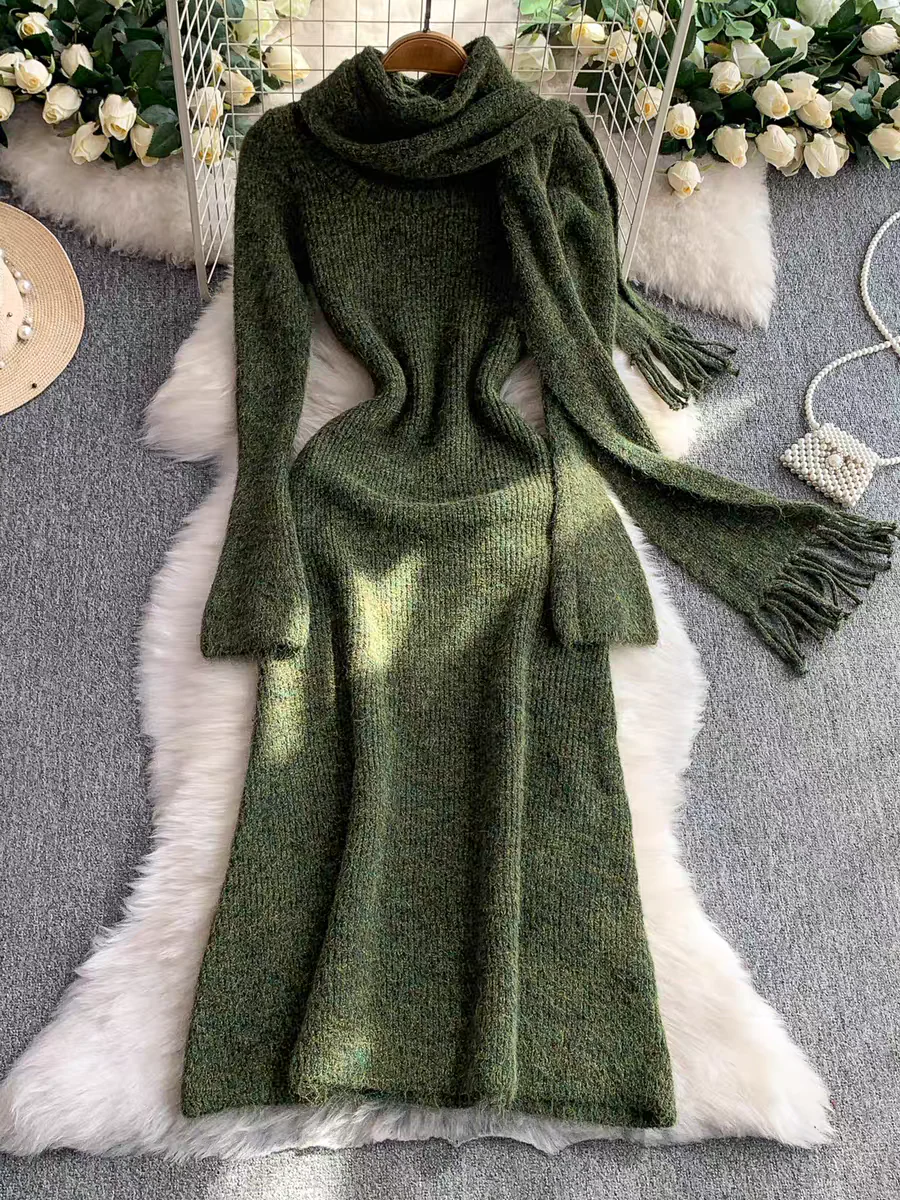 Micola Woolen Dress With Scarf In Olive - Image 13