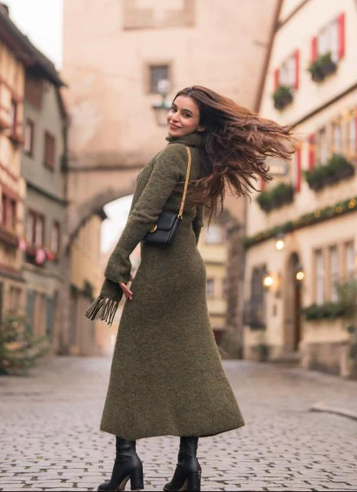 Micola Woolen Dress With Scarf In Olive - Image 7