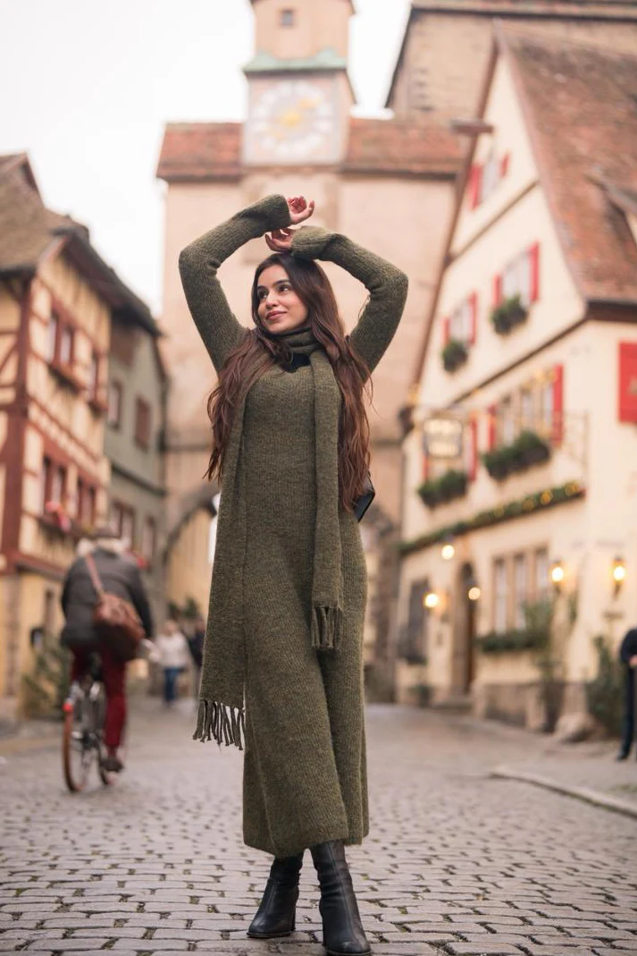 Micola Woolen Dress With Scarf In Olive - Image 8