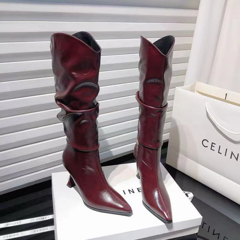 Miela Knee High Pointed Leather Boots In Wine - Image 2