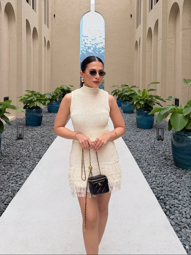 Milos Tasseled Soft Crochet Dress In Beige - Image 3