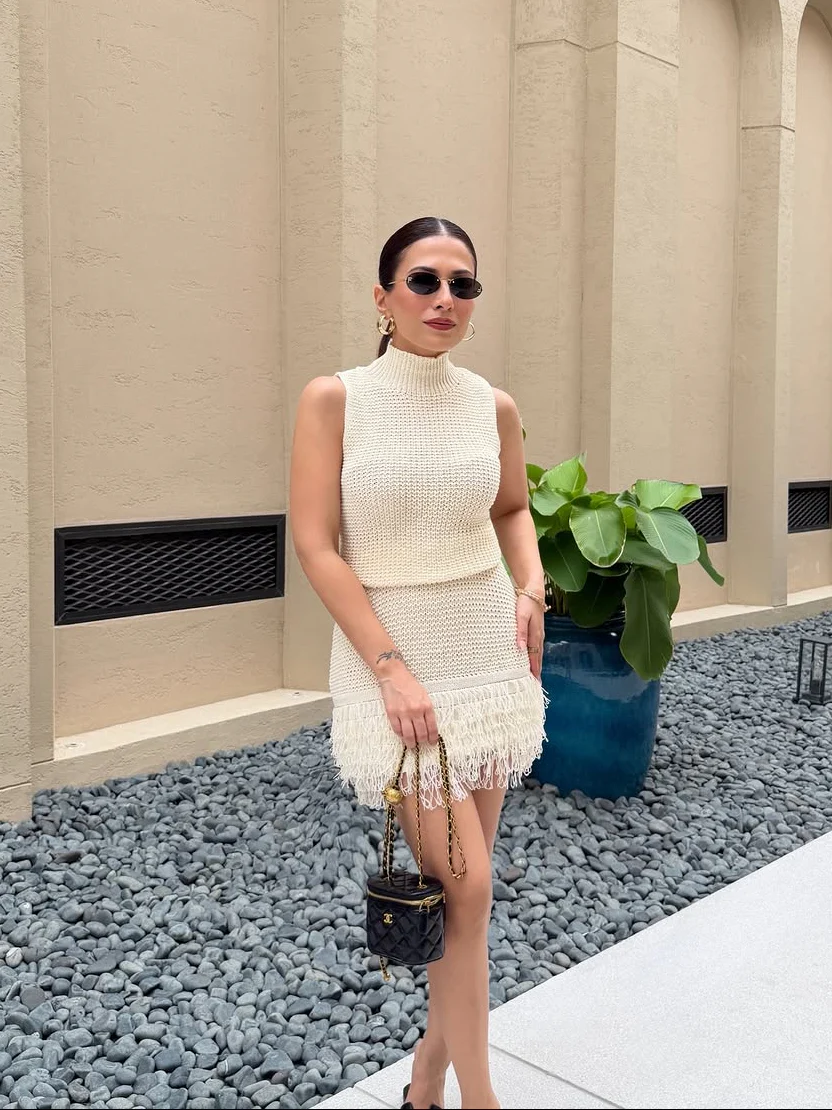 Milos Tasseled Soft Crochet Dress In Beige - Image 4
