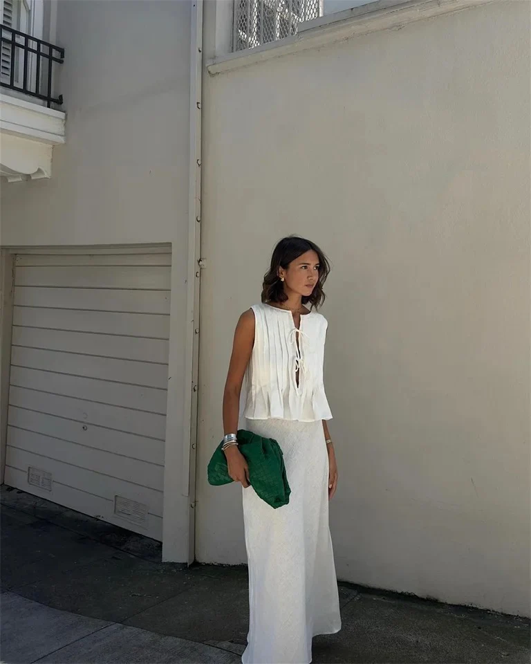 Miya Statement Vest Top with Skirt In White - Image 3