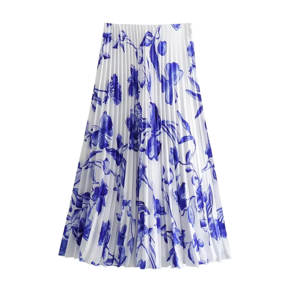 Mykonos Summer Floral Pleated Coord in White and Blue - Image 4