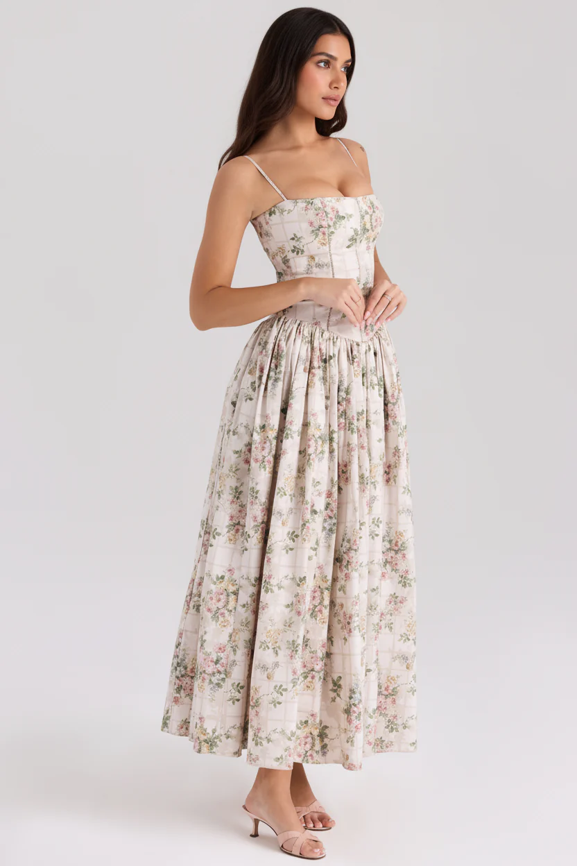 Orchid Luxe Floral Midi Dress In Off Beige