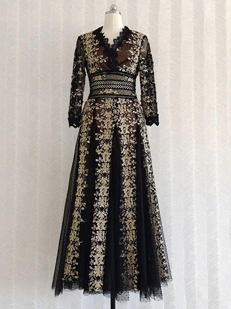 Orleans Embroidered Lace Mesh Midi Dress In Black - Image 4