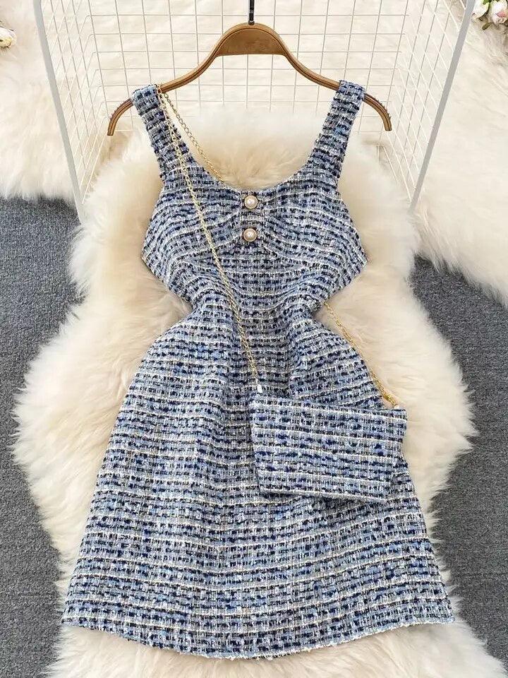 Orry Tweed Dress with Sling Bag In Blue - Image 2