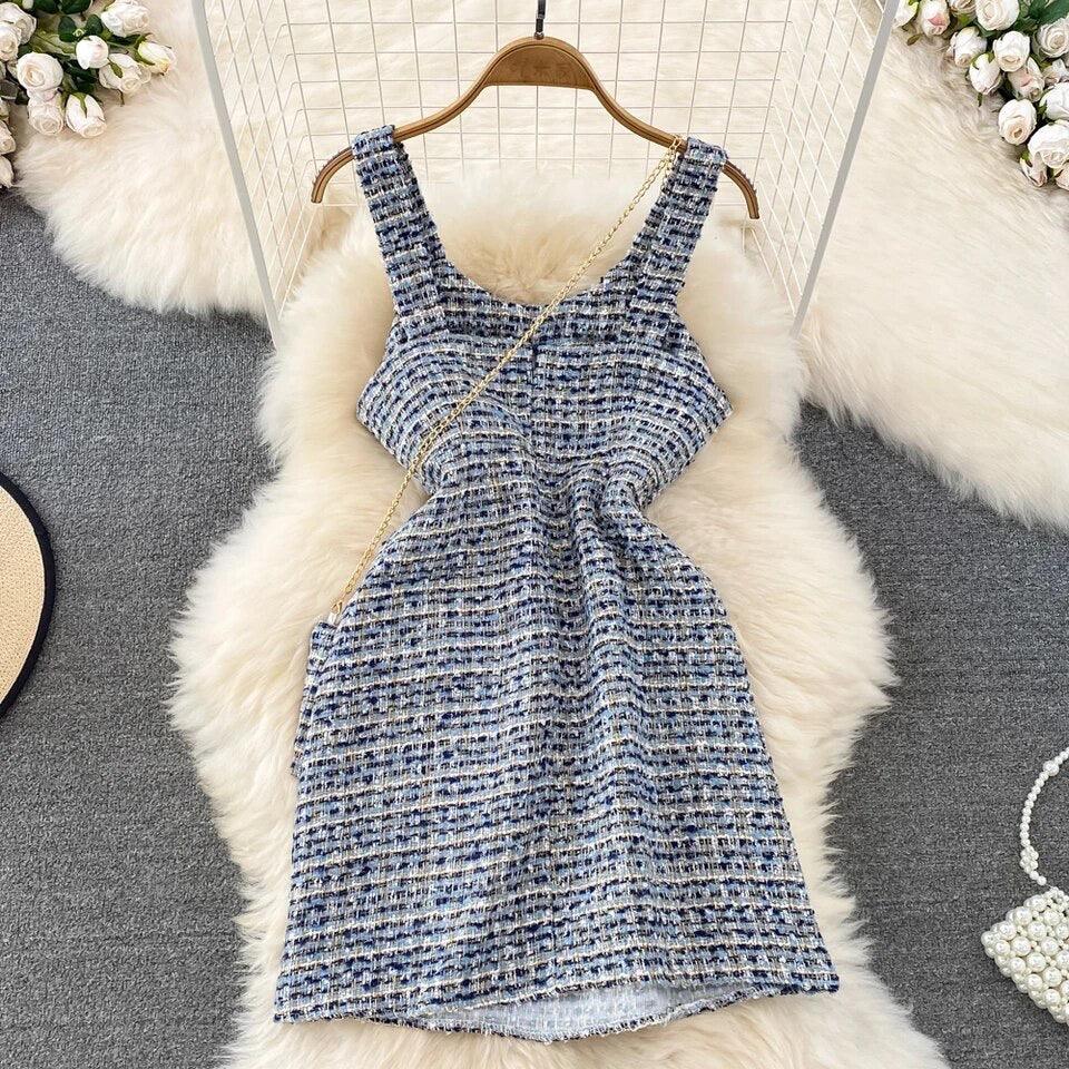 Orry Tweed Dress with Sling Bag In Blue - Image 3