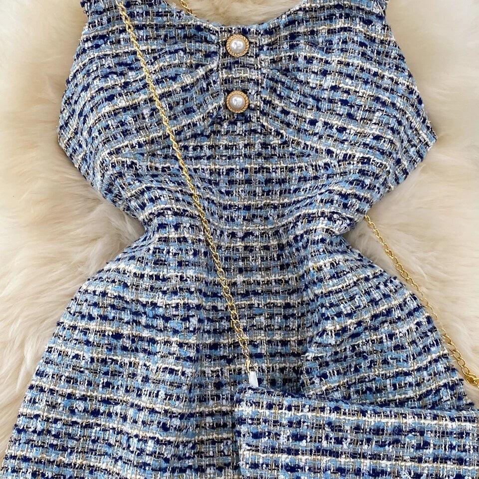 Orry Tweed Dress with Sling Bag In Blue - Image 4