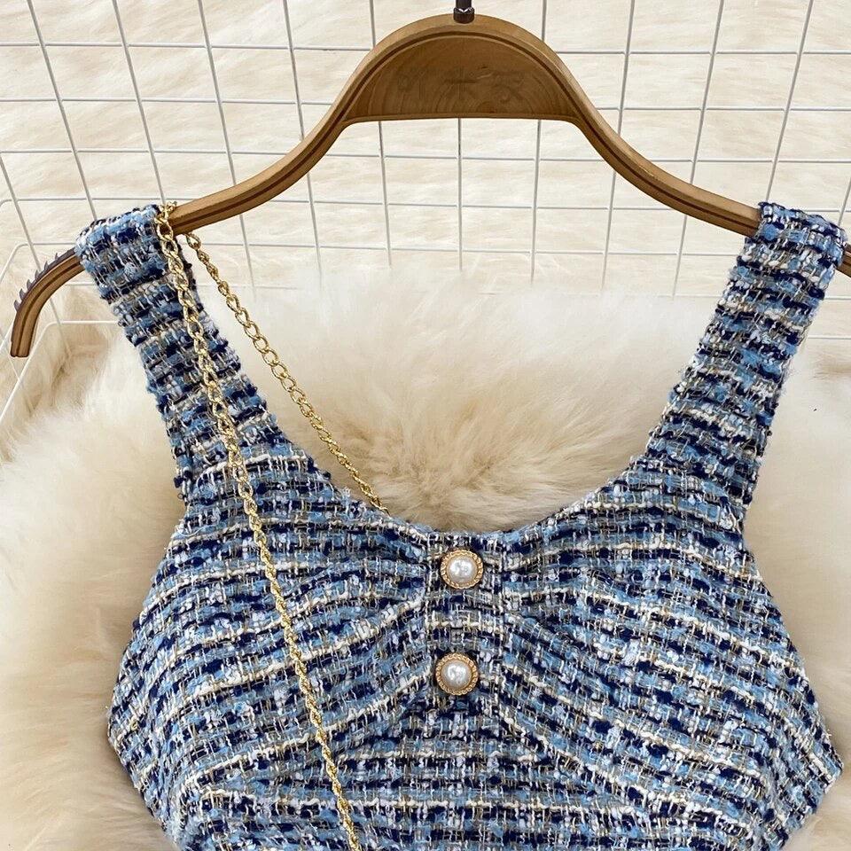 Orry Tweed Dress with Sling Bag In Blue - Image 5