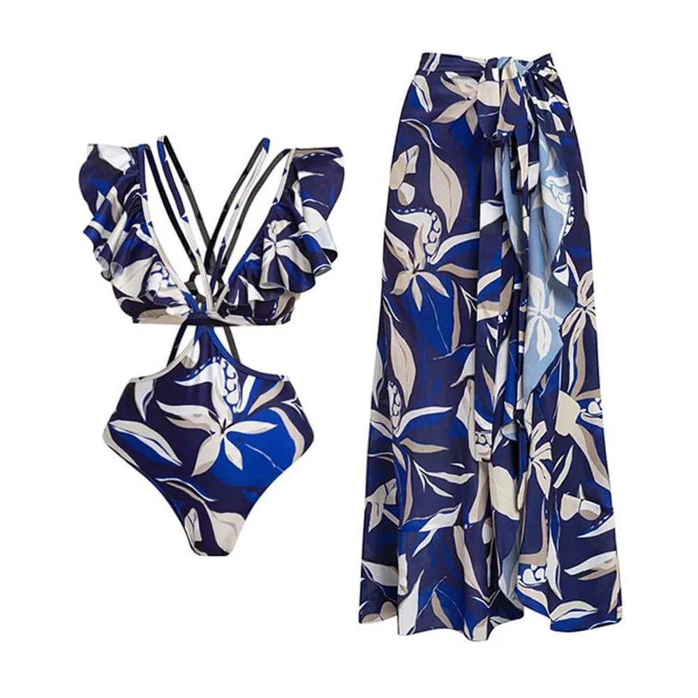 Persian Ruffled Swimsuit With Sarong In Navy Blue - Image 4