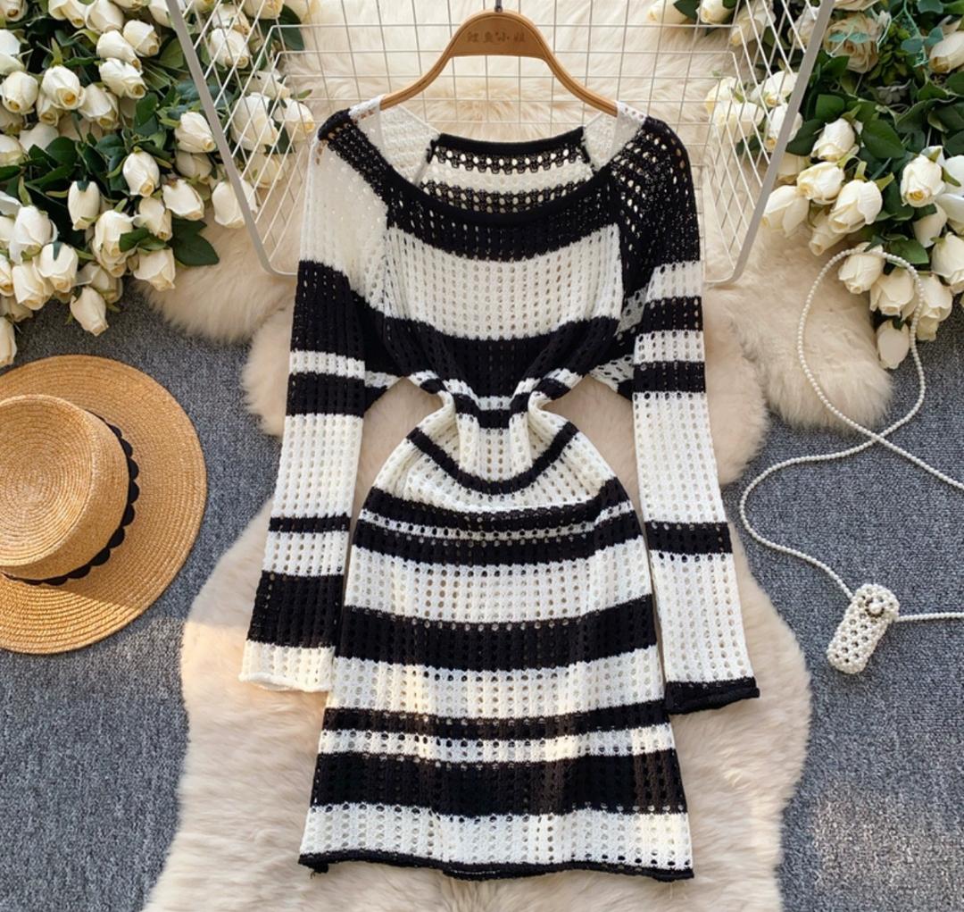 Raven Striped Crochet Dress In Black - Image 2