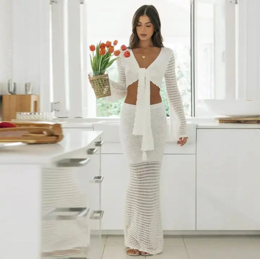 Raya Soft Knot Crochet Coord Set In White - Image 2