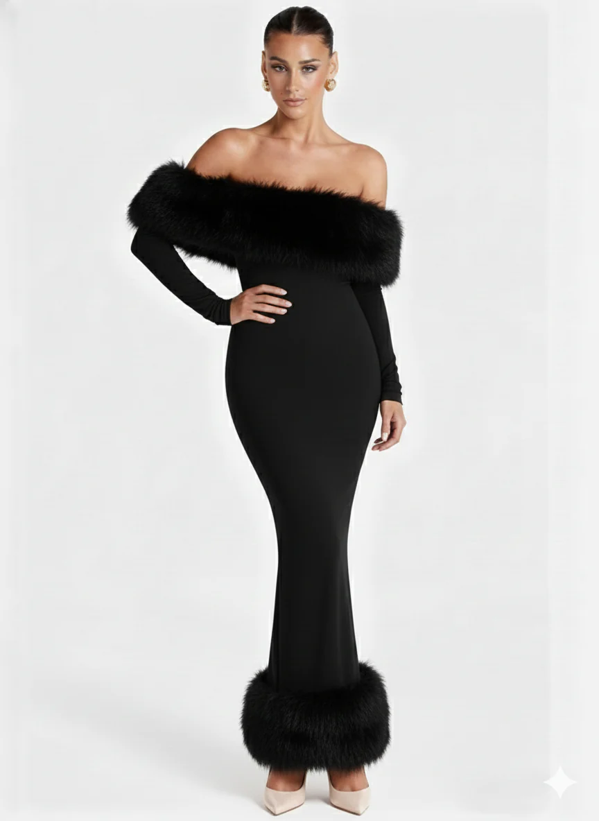 Renata Fur Off Shoulder Dress - Image 2