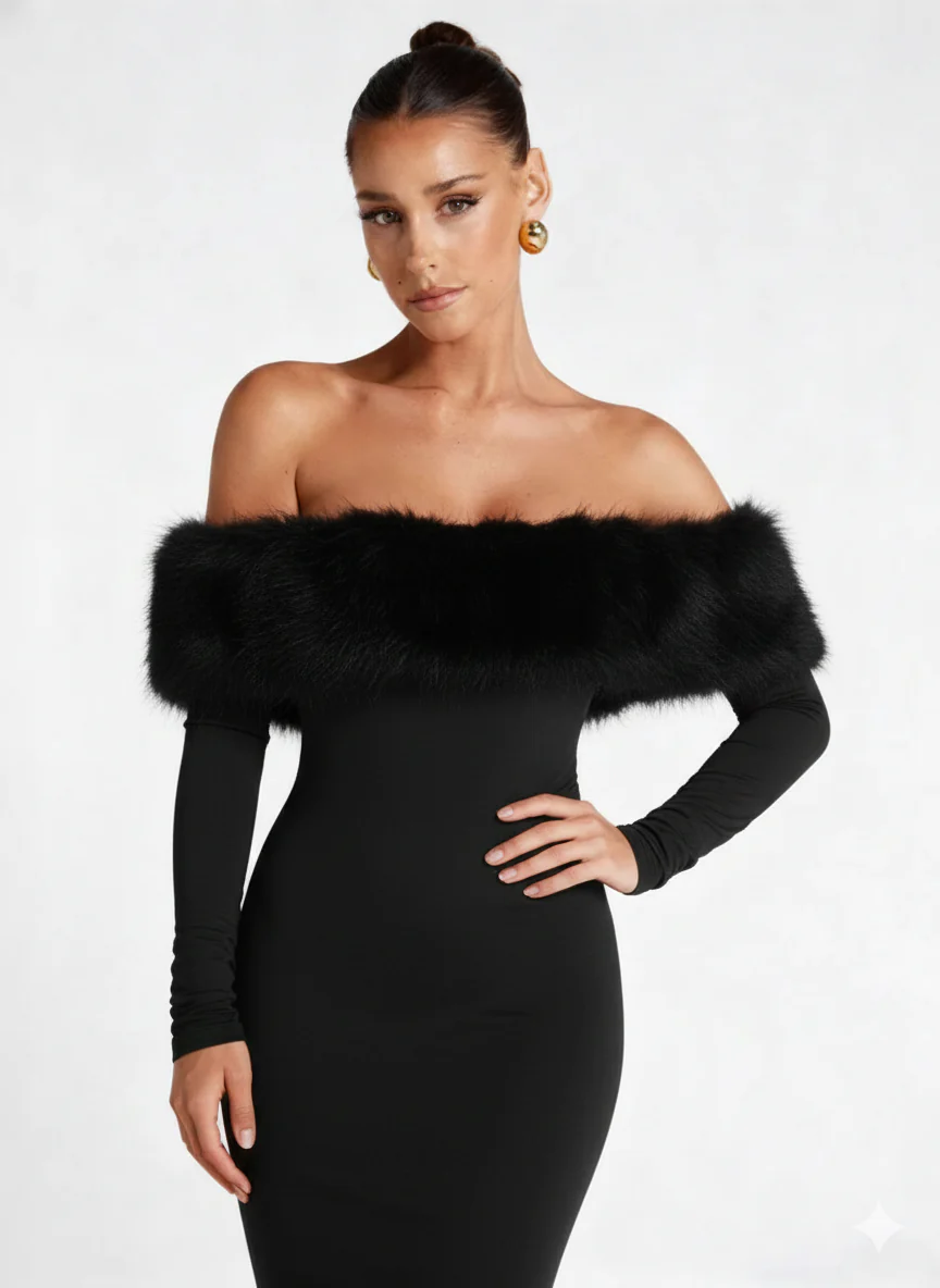 Renata Fur Off Shoulder Dress - Image 3