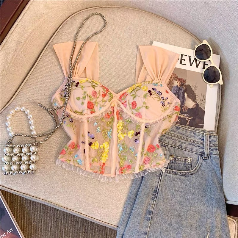 Rosie Embroidered Crop Top In Peach - Image 4