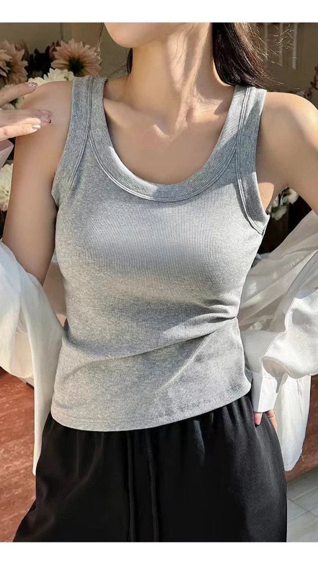 Rumi Tank Top With Inbuilt Bra In Light Grey - Image 2