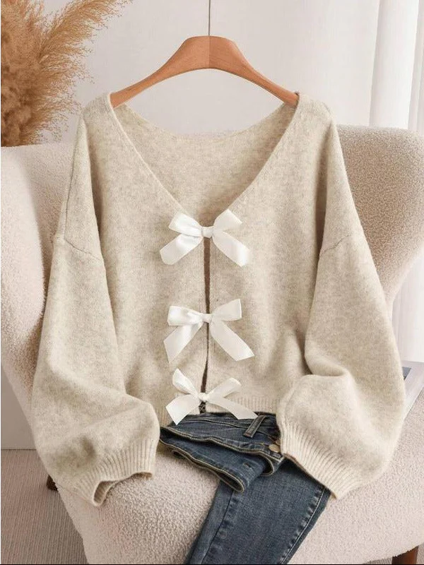 Rylee Bow Oversized Cardigan In Beige