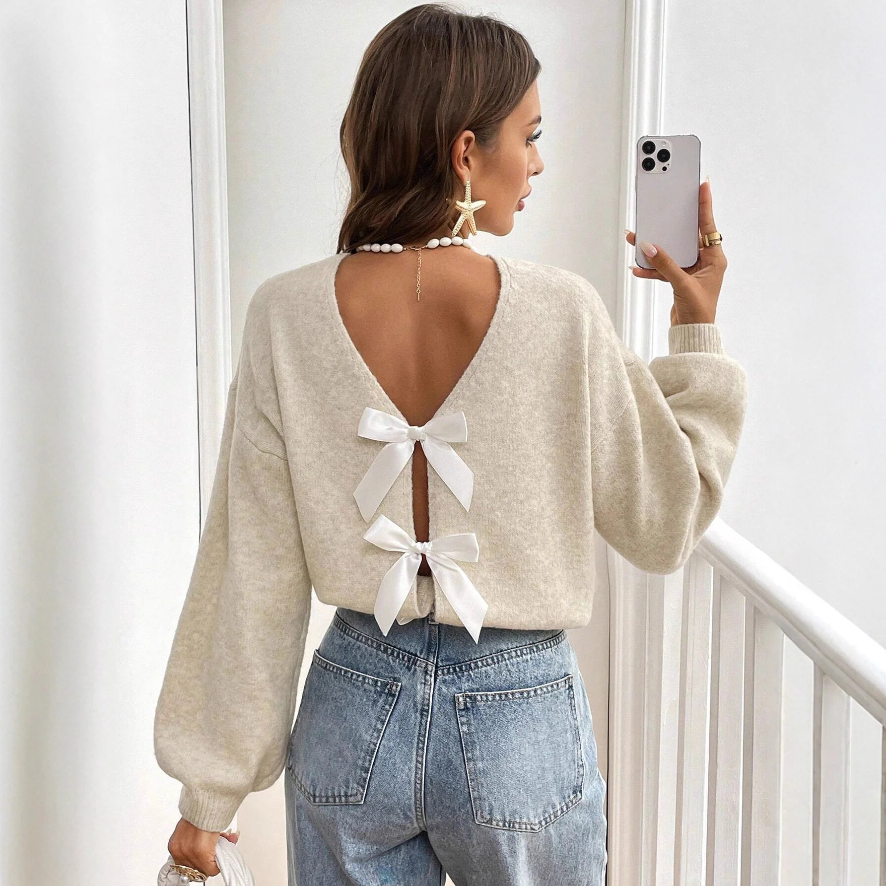 Rylee Bow Oversized Cardigan In Beige - Image 3